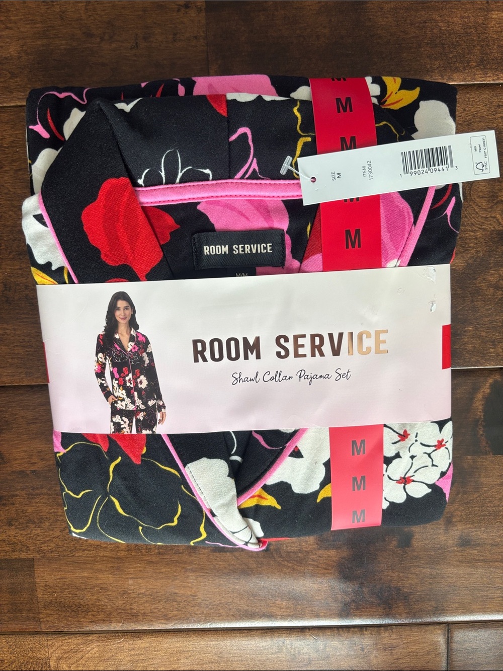 ROOM SERVICE Black Floral Shawl Collar Pajama Set with Pink Accents